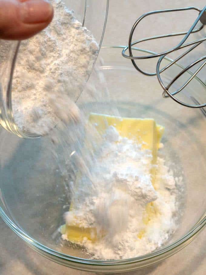 Adding Sugar to Butter for Pecan Shortbread
