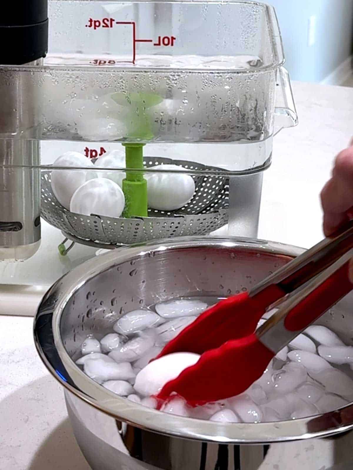 Placing egg in a water bath.