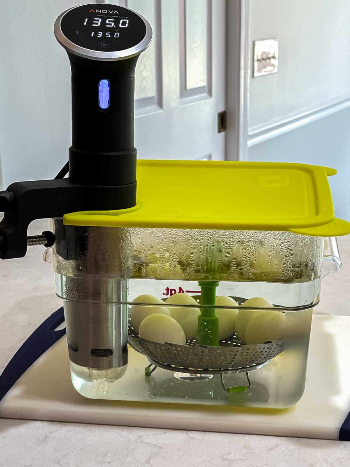 Sous vide setup to pasteurize eggs.