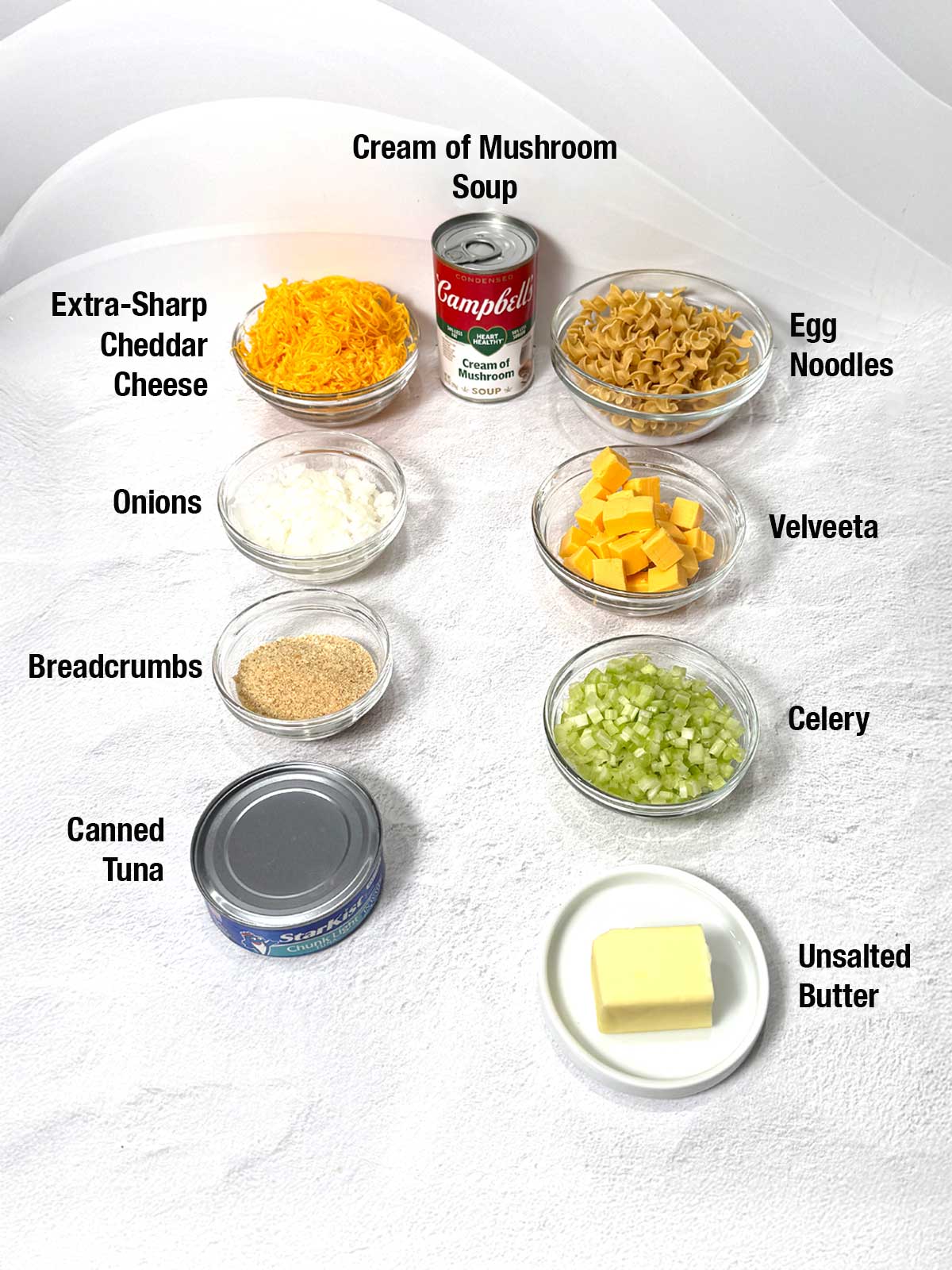 Ingredients for easy tuna noodle casserole.