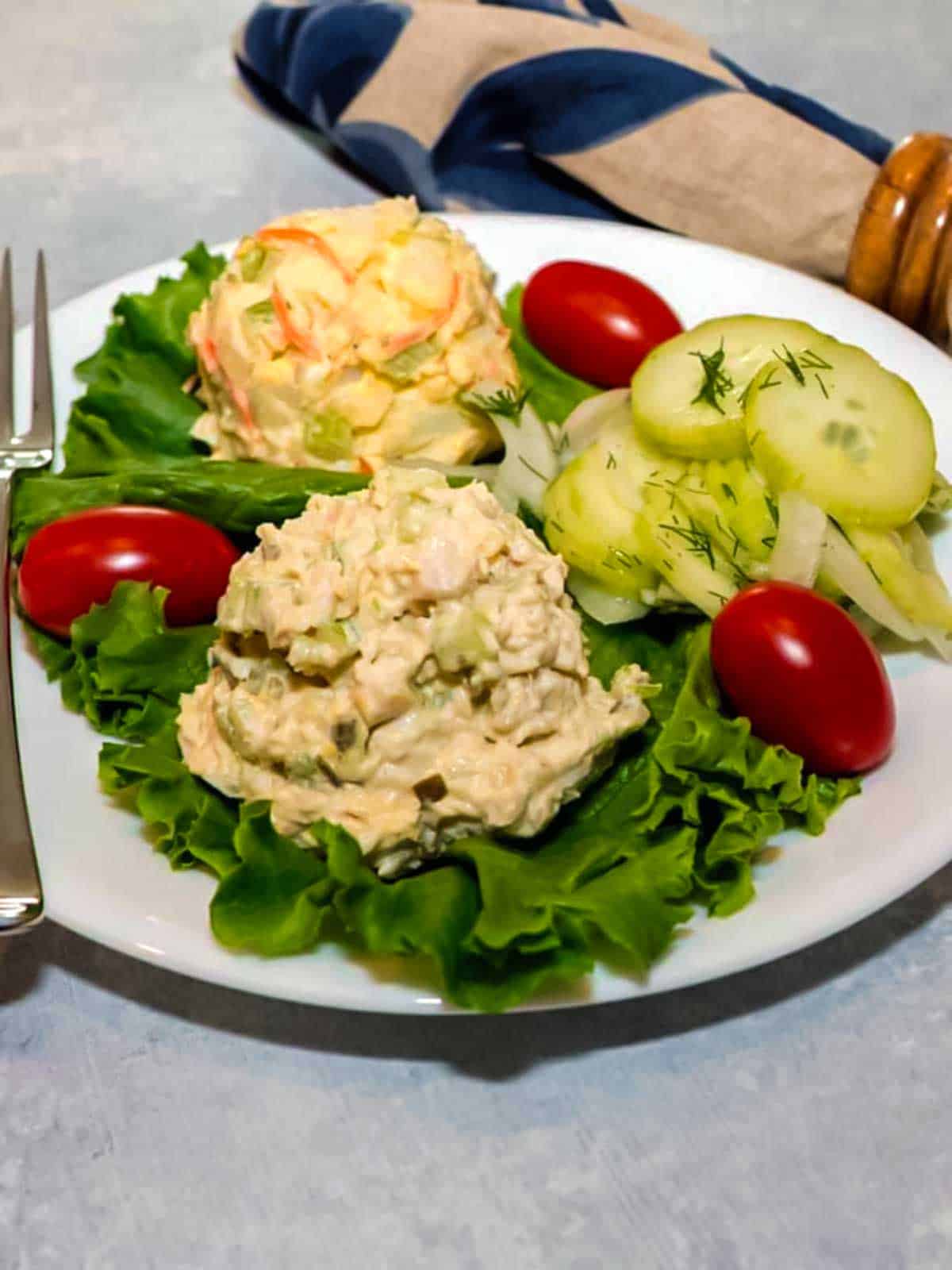 Turkey salad with potato salad and cucumber dill salad.