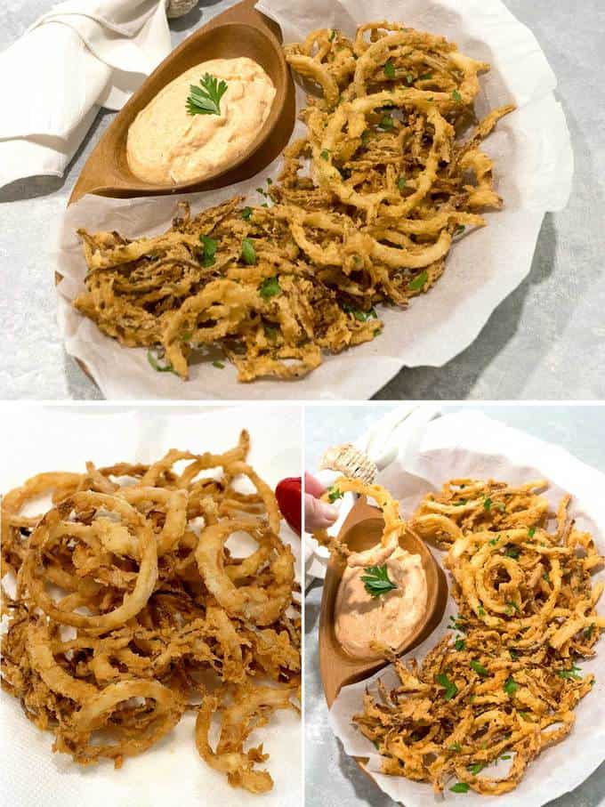 Crispy fried onion strings with spicy dipping sauce