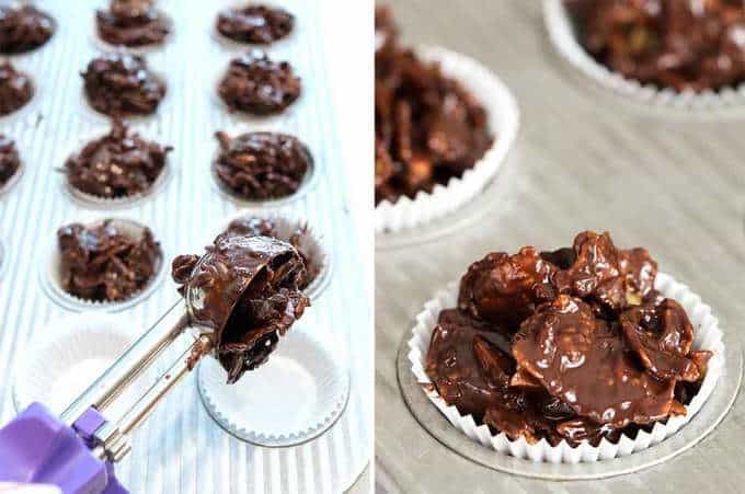 Filling the paper liners with chocolate mixture