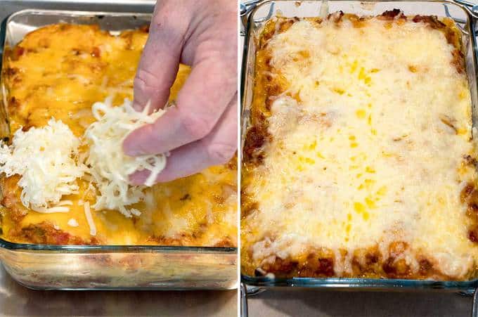 Adding Mozzarella cheese to the Six Cheese Turkey Lasagna 