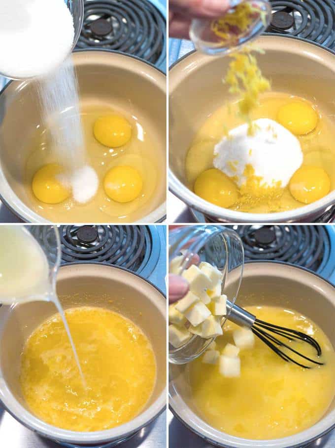 Adding lemon curd ingredients to saucepan