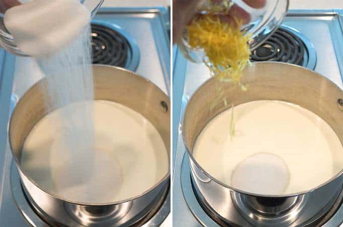 Adding sugar and lemon zest to cream.