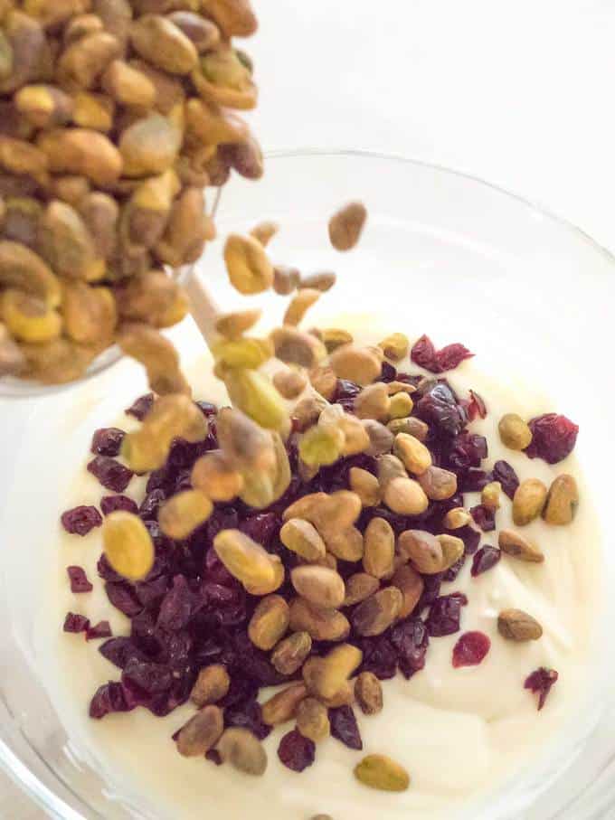 Adding Dried Cranberries and Pistachios to White Chocolate