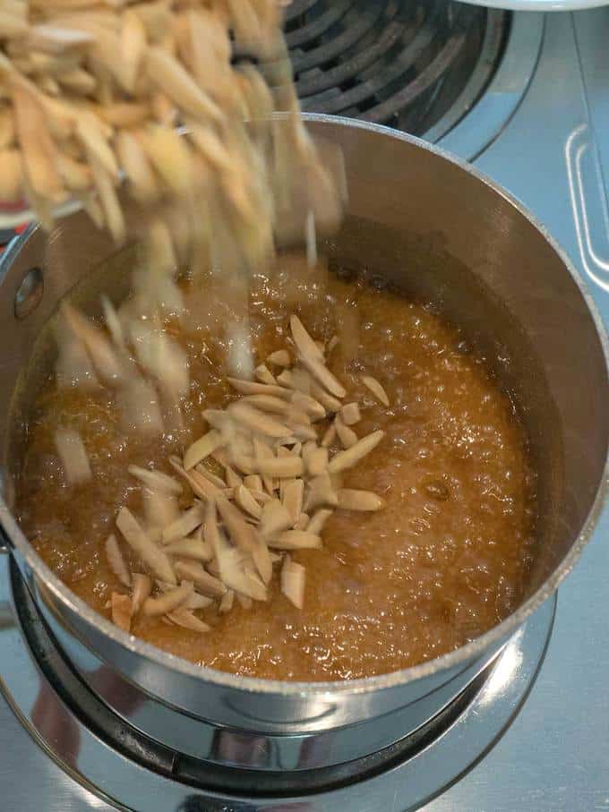 Adding Almonds to Toffee Mixture