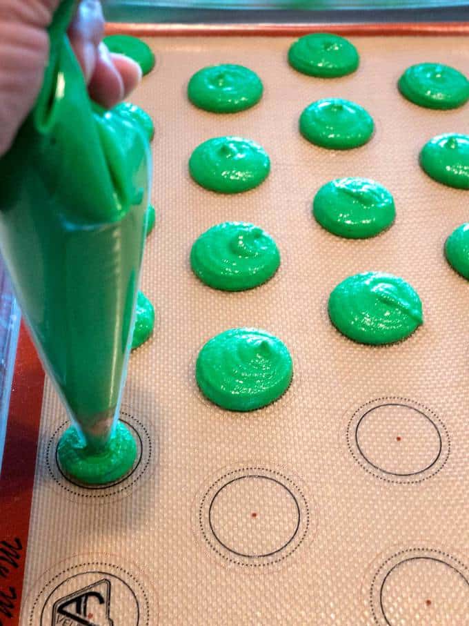 Piping Green Shells for Mardi Gras Macarons