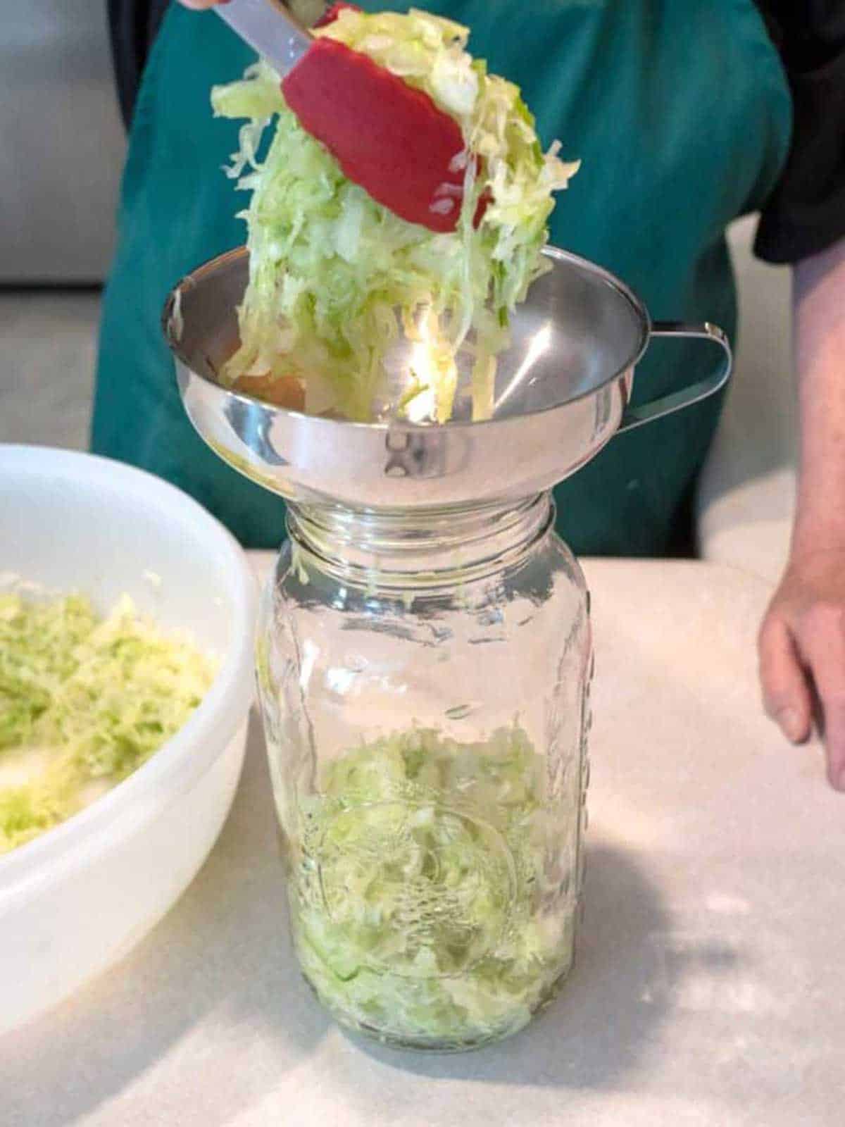 Adding the cabbage to sterilized jars. 