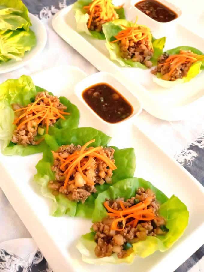 Easy Asian Chicken Lettuce Wraps with Spicy Dipping Sauce Pudge Factor