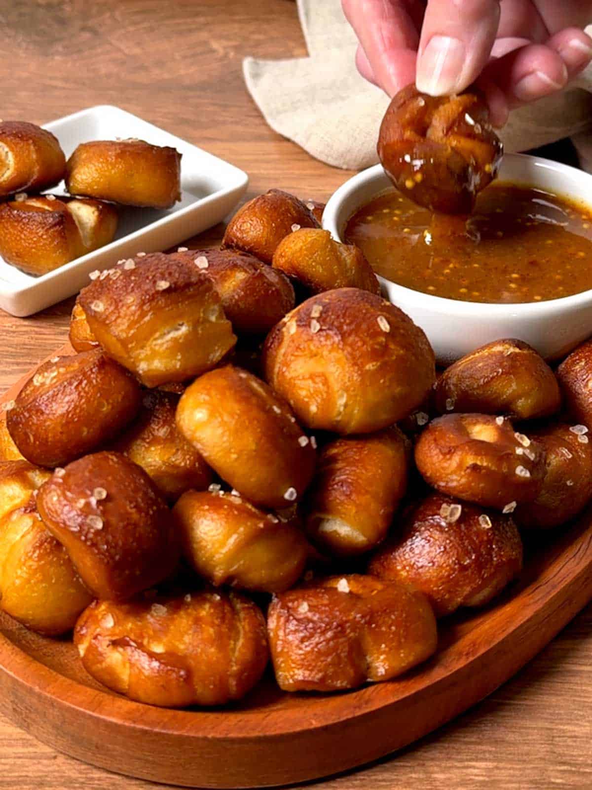 Pretzel bite with raspberry honey mustard dipping sauce.