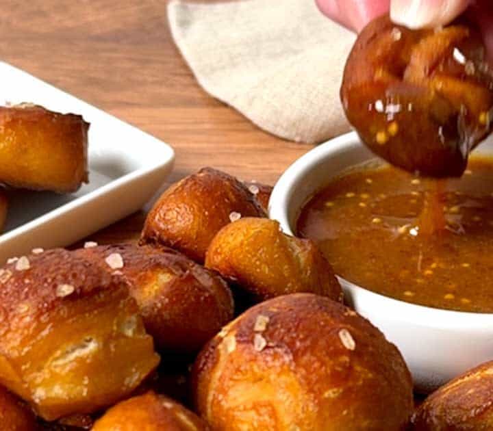 Pretzel bites with raspberry honey mustard dipping sauce.