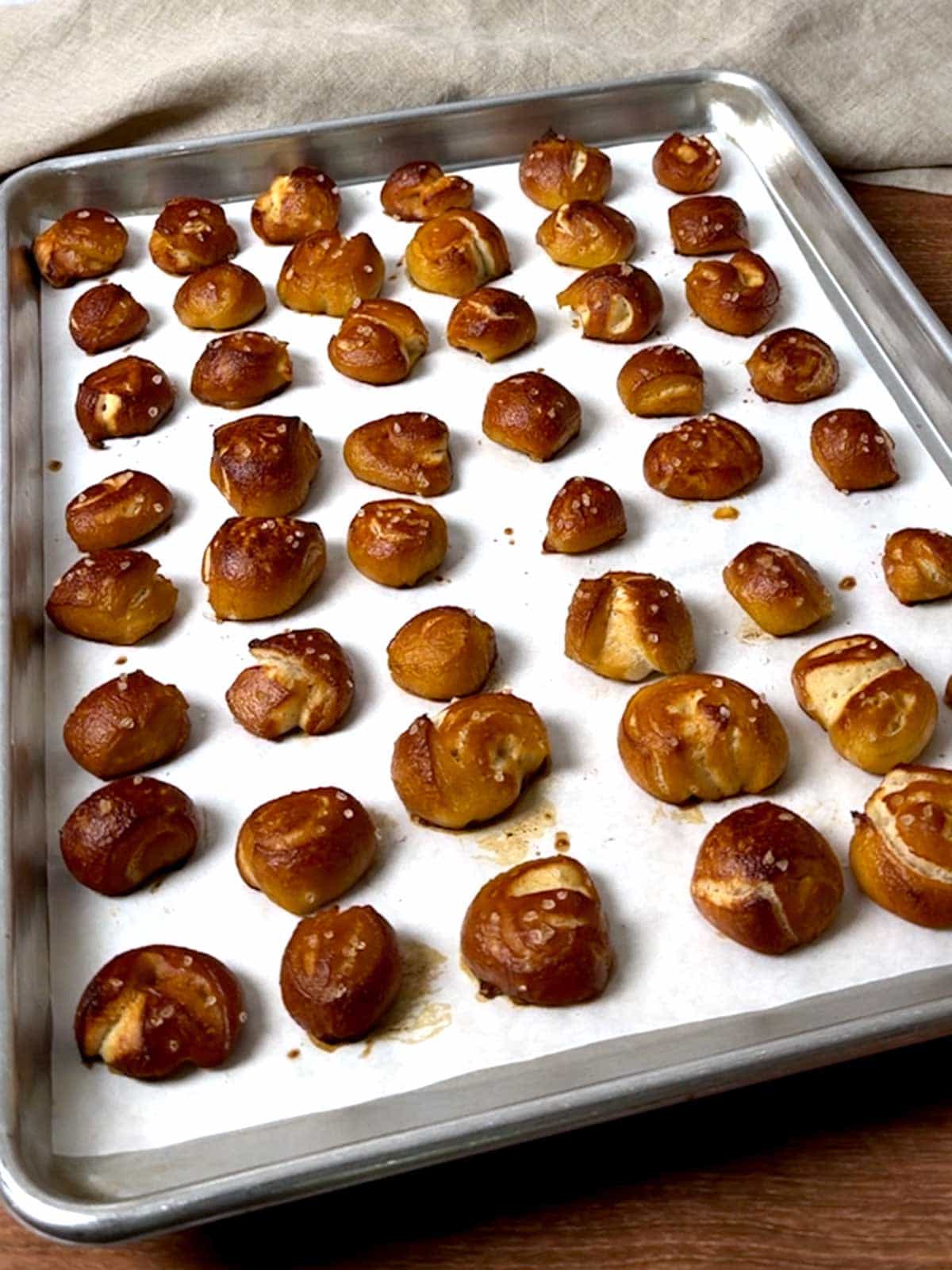 Pretzel bites out of the oven.
