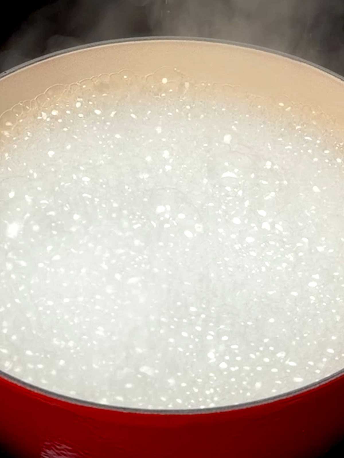 Water bubbling in Dutch oven after the addition of the baking soda.