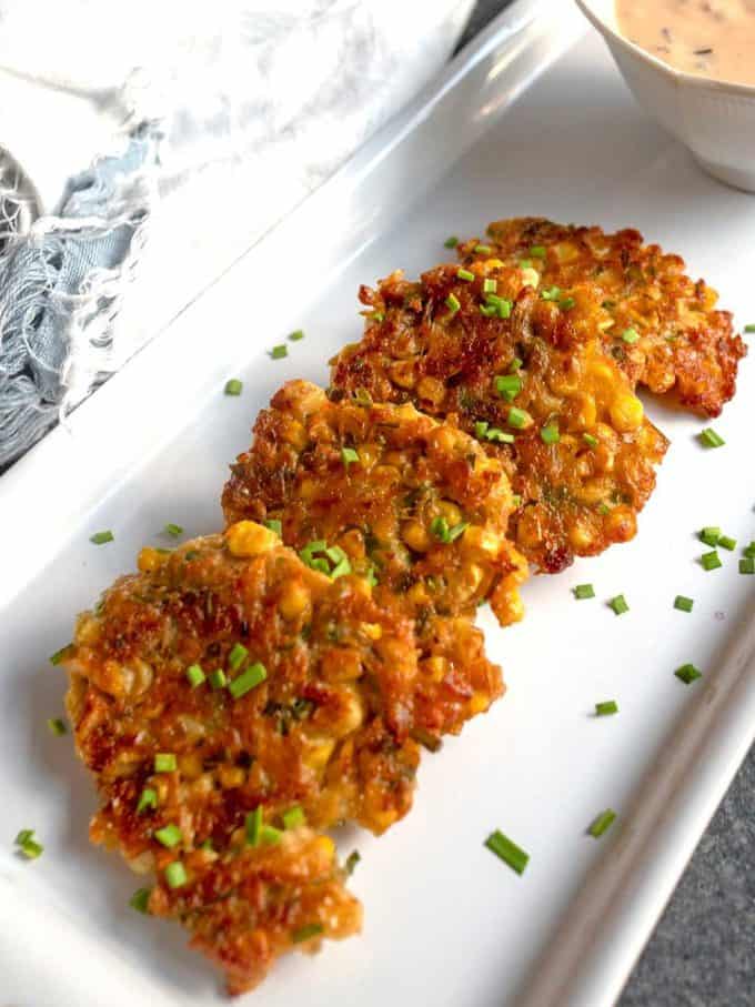 Fresh Sweet Corn Fritters with Honey Chipotle Sauce - Pudge Factor