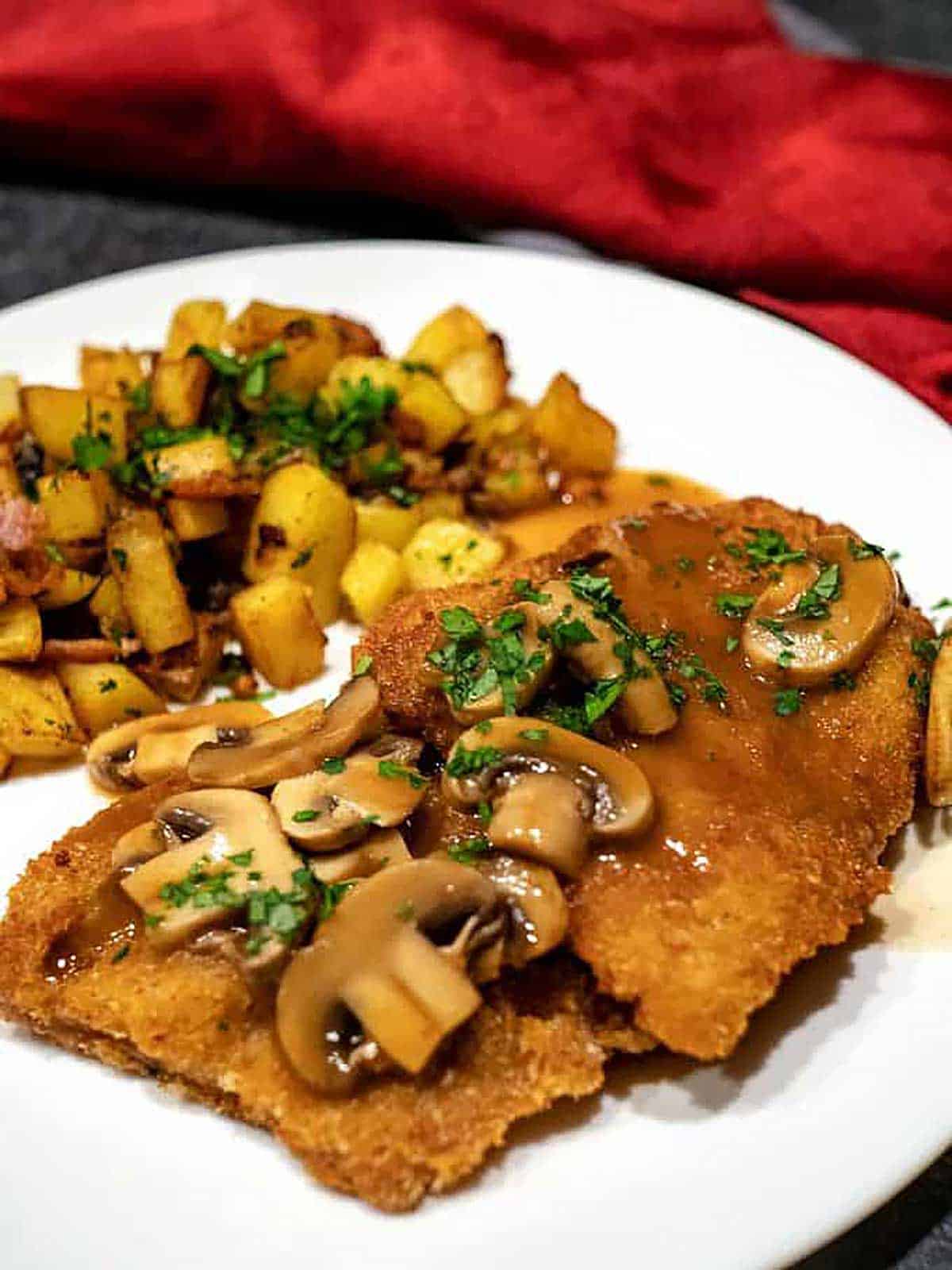 Jaeger Schnitzel with German Potatoes and Onions.