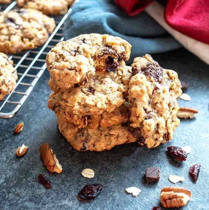 Chocolate Chunk Oatmeal Cookies with dried cranberries and toasted pecans