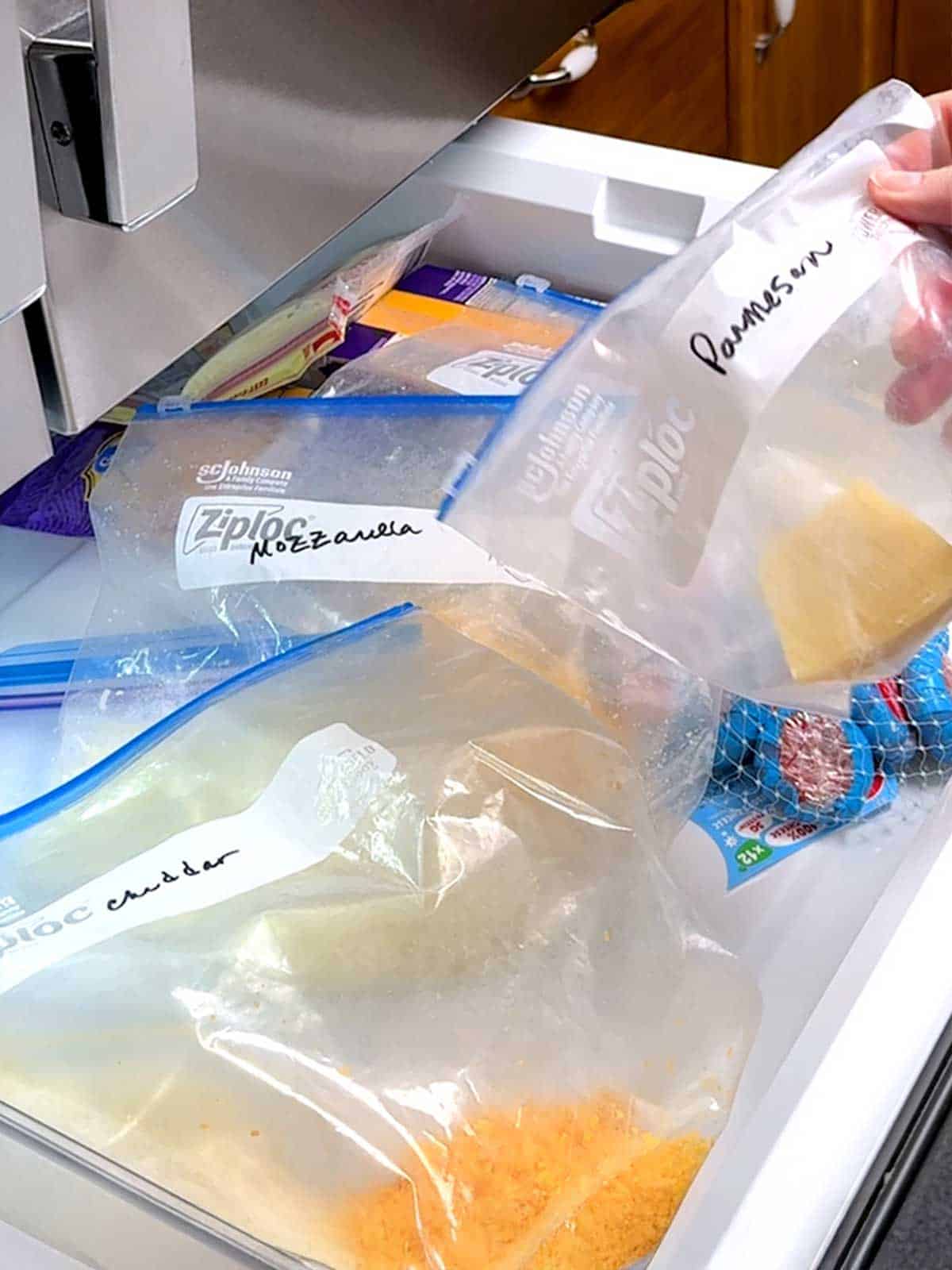 Cheese in Ziploc bags in the refrigerator.