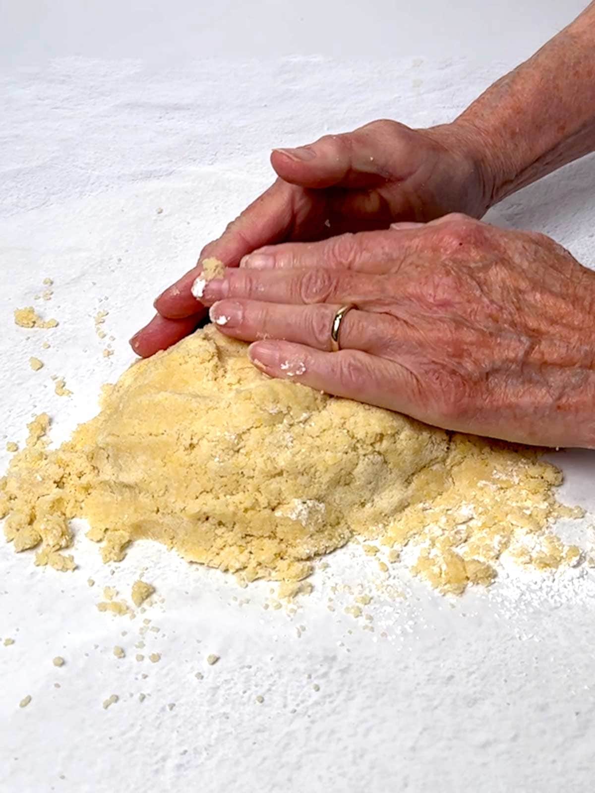 Forming the crumbly dough into a disk.
