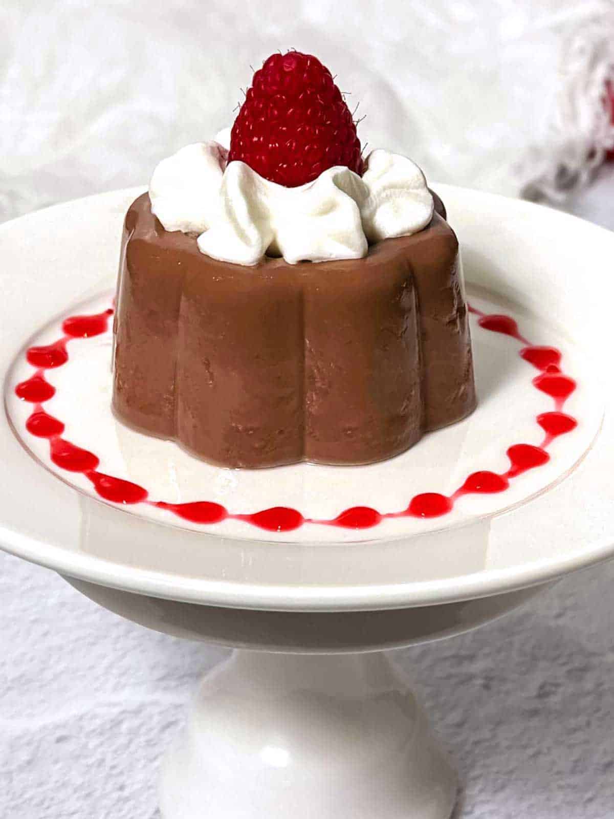 Chocolate blancmange on a plate with raspberry sauce and topped with whipped cream and a raspberry.