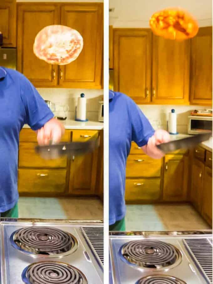 Flipping the crepes.