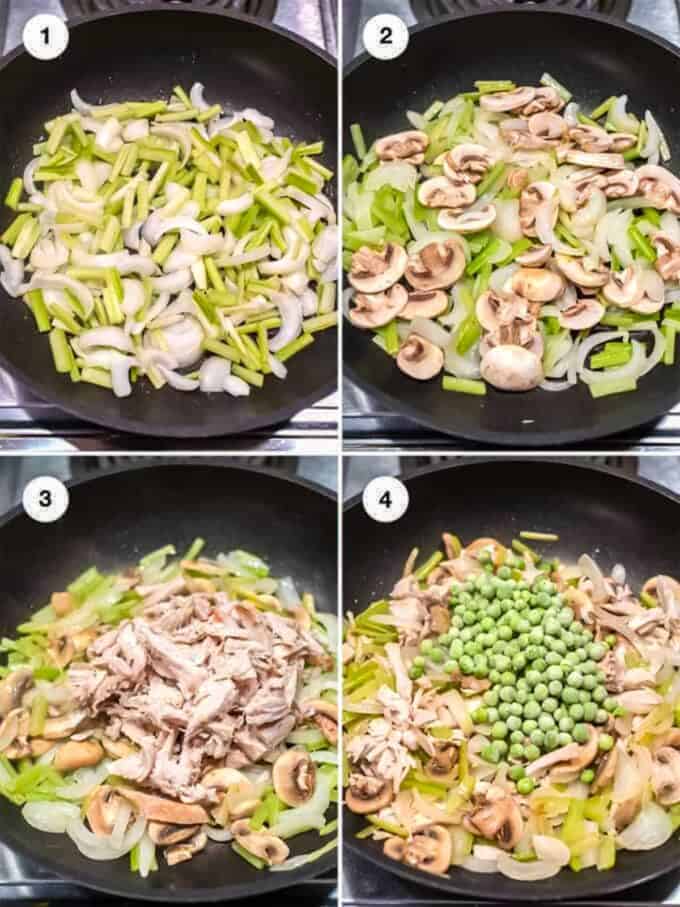 Making the filling for the letover turkey crepes.