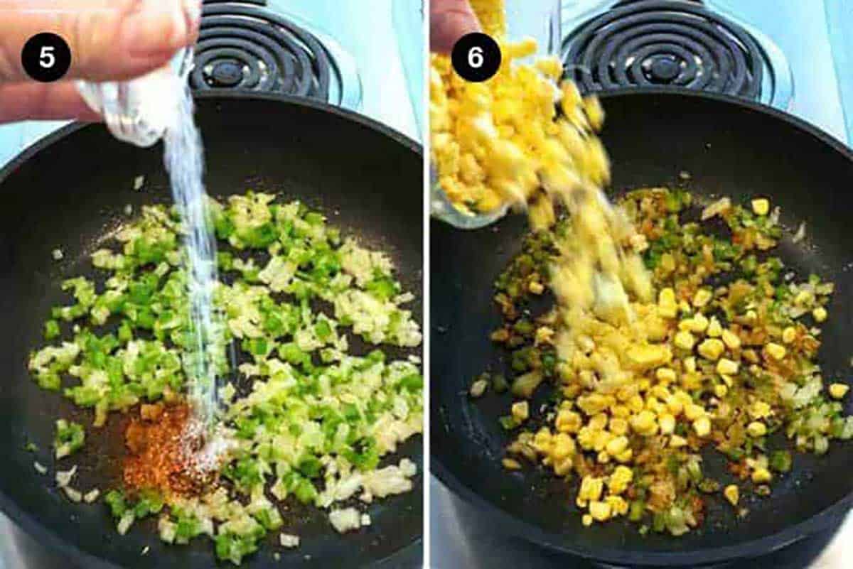 Adding salt and corn to the pan.