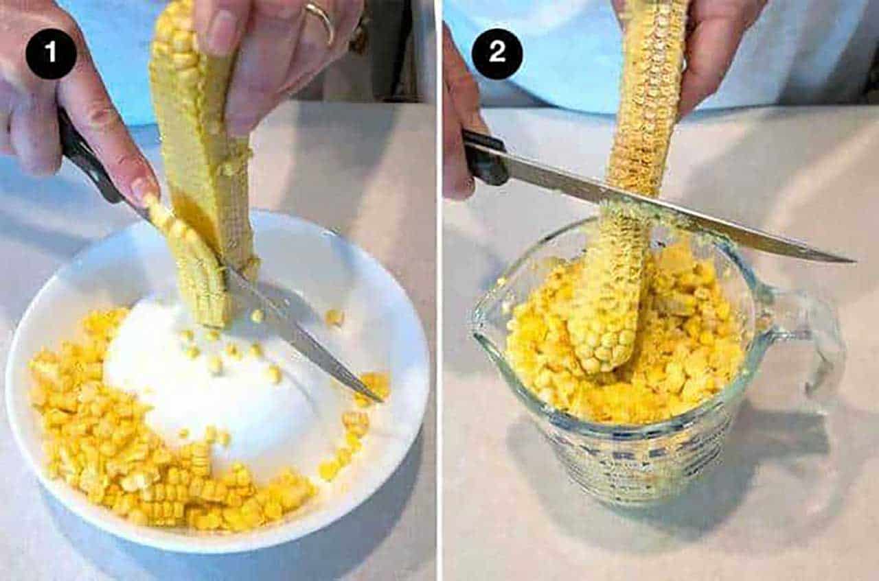 Cuting the corn off the cob.