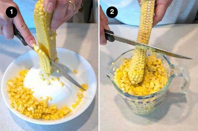 Cutting the corn from the cob for the Cajun Maque Choux