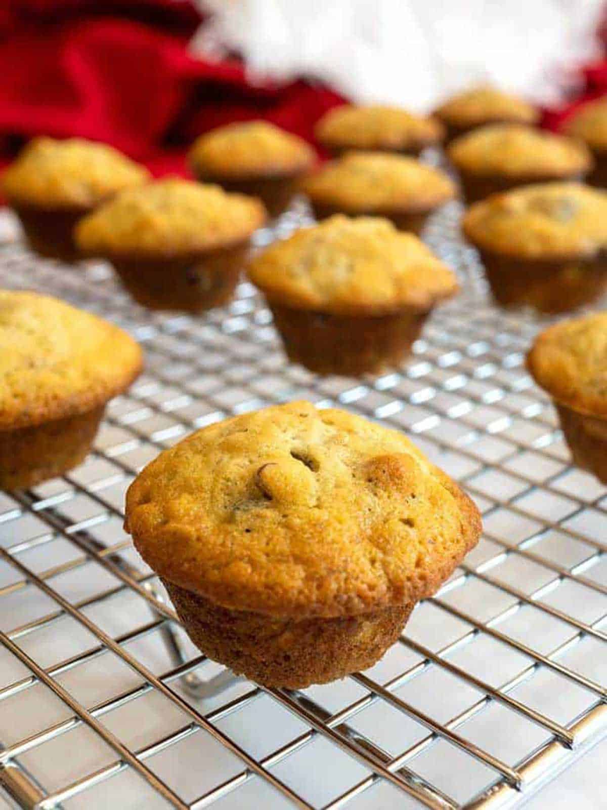 Mini muffins cooling on a wire rack.