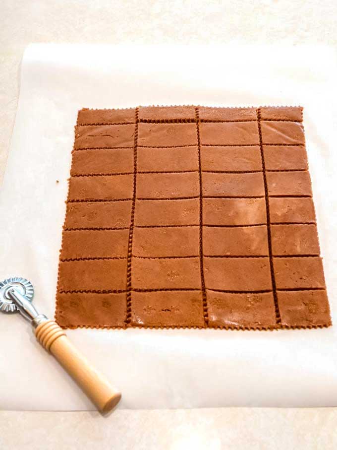 Dough cut into rectangles.