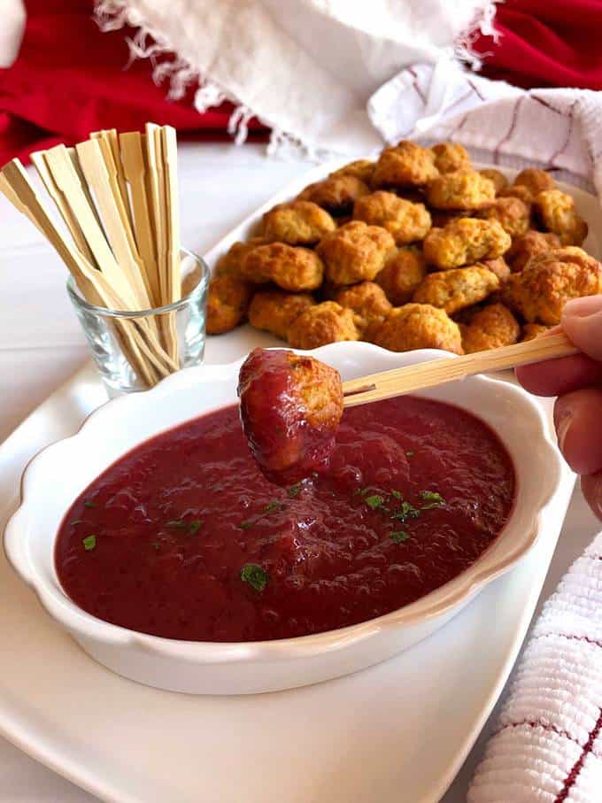 Sausage Balls dipped in Cranberry Honey Mustard Dipping Sauce