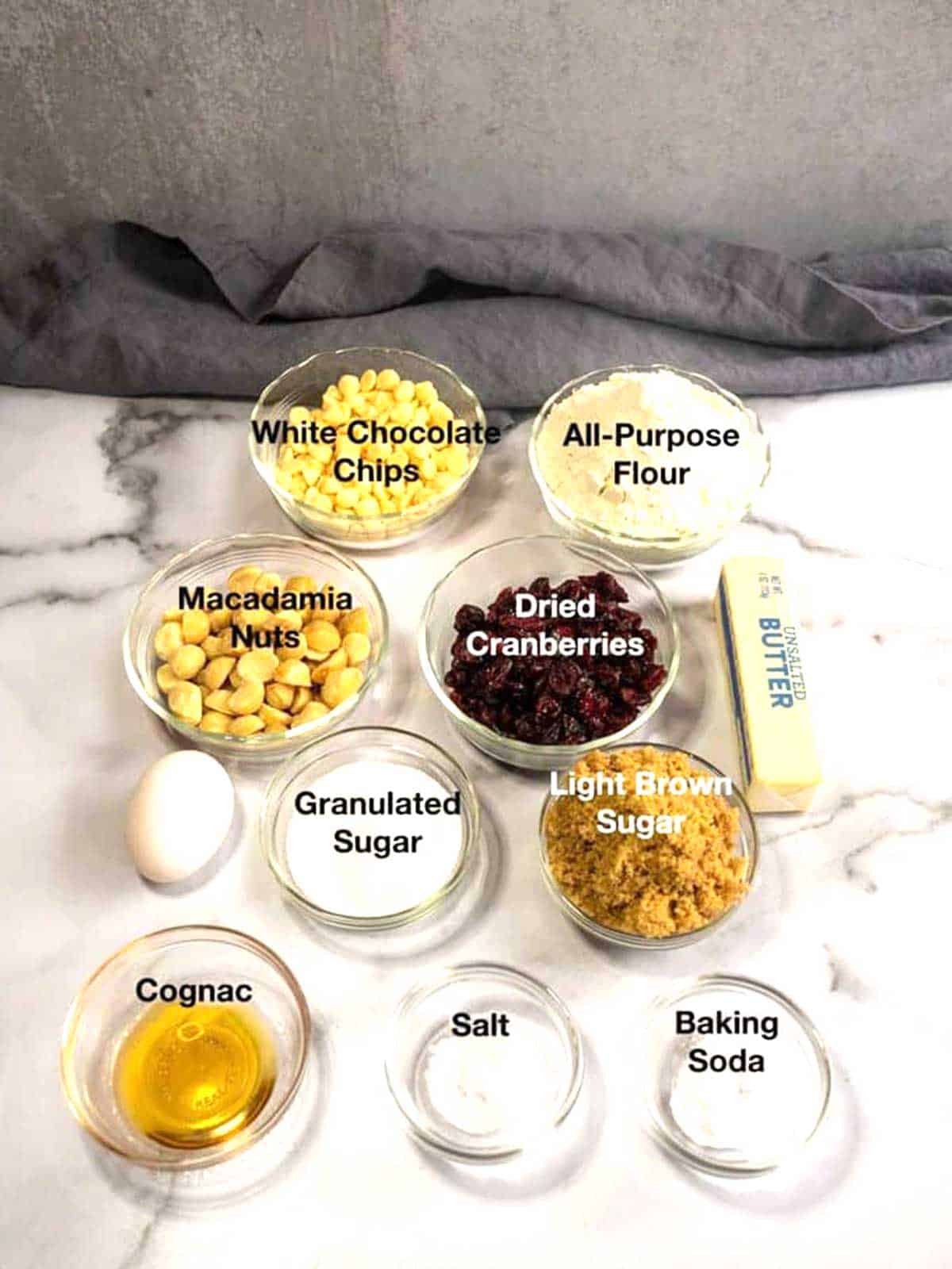Ingredients for Cranberry, white chocolate, macadamia nut cookies.