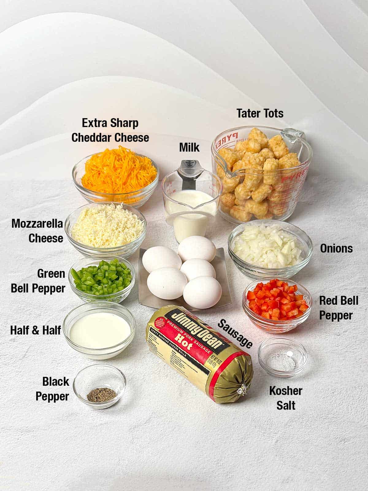 Ingredients for tater tot breakfast casserole.