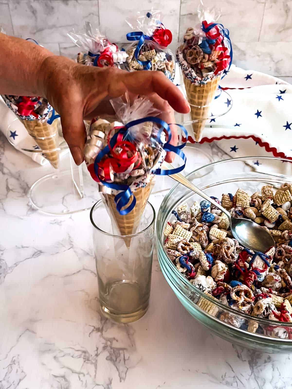Decorated Patriotic Snack Mix cones