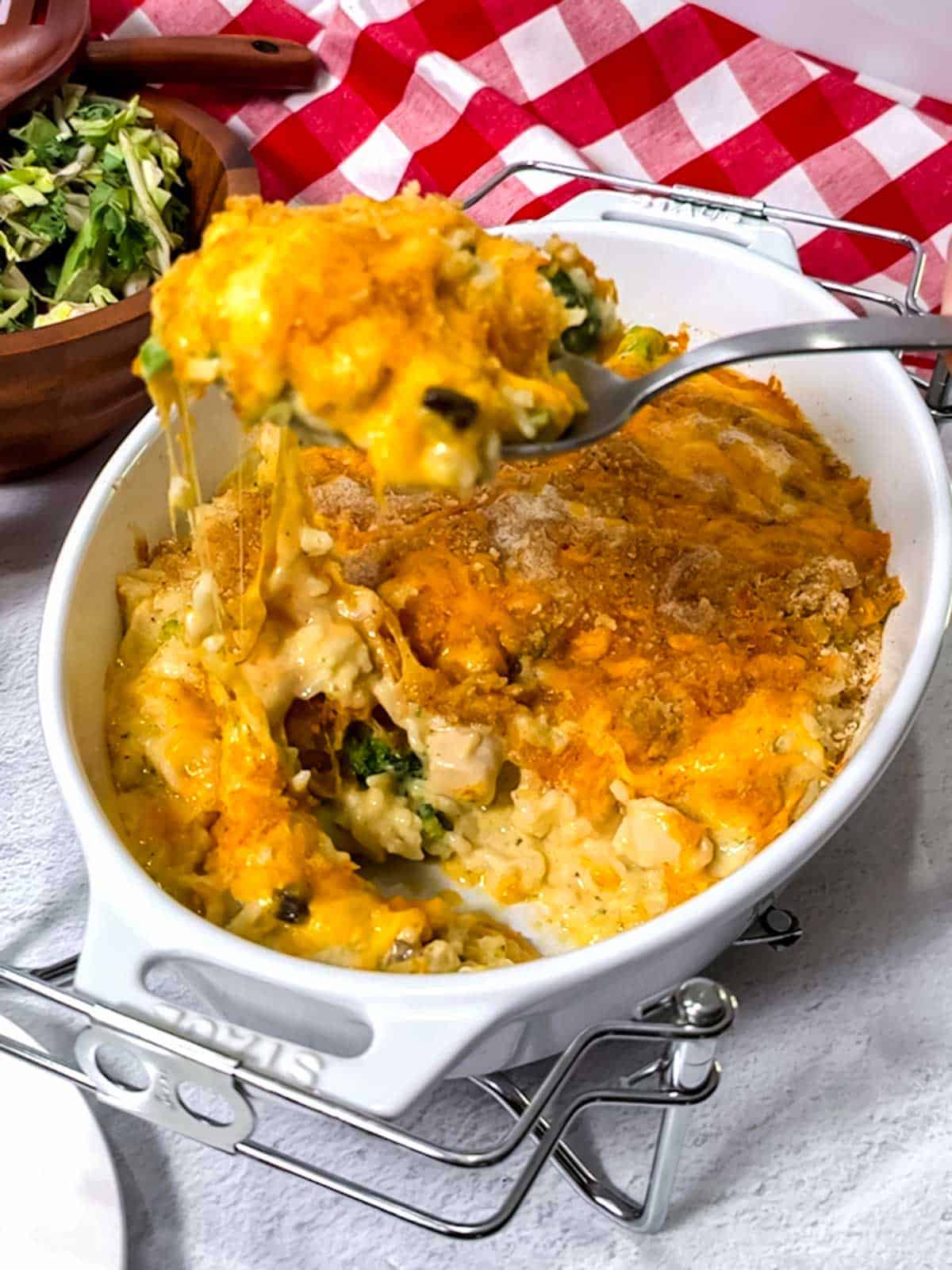 Serving the chicken broccoli and rice casserole.