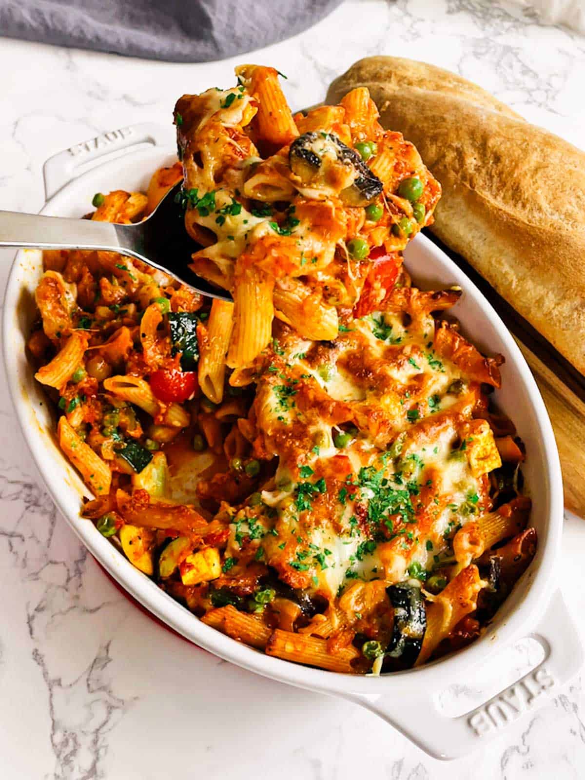 Serving the Cheesy Penne with Roasted Vegetables.