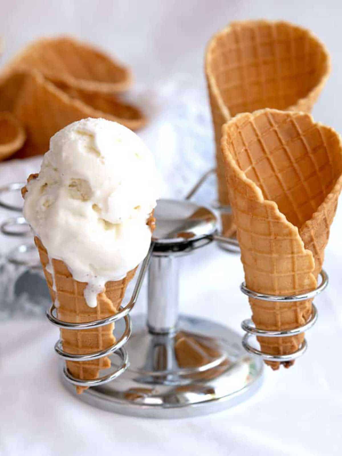 Homemade waffle cones with ice cream.