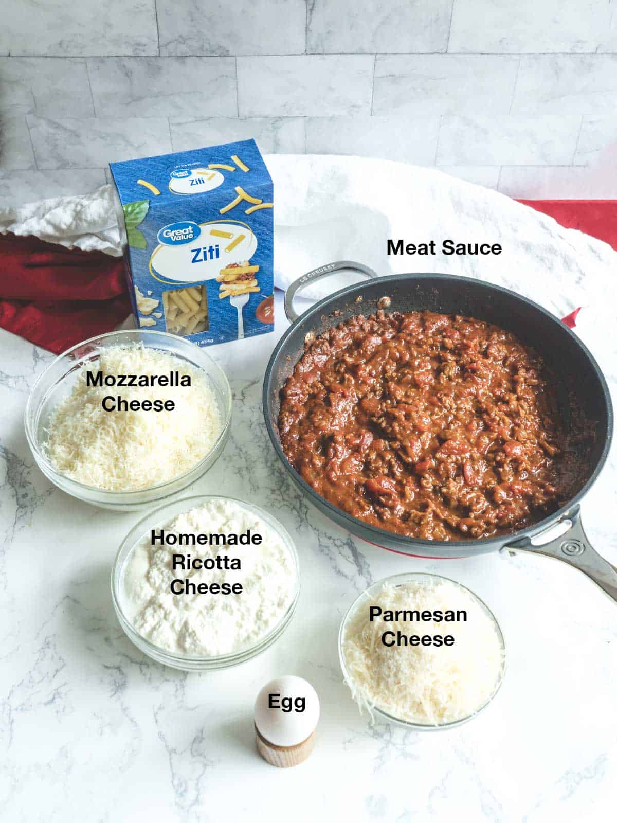 Ingredients for three cheese baked ziti