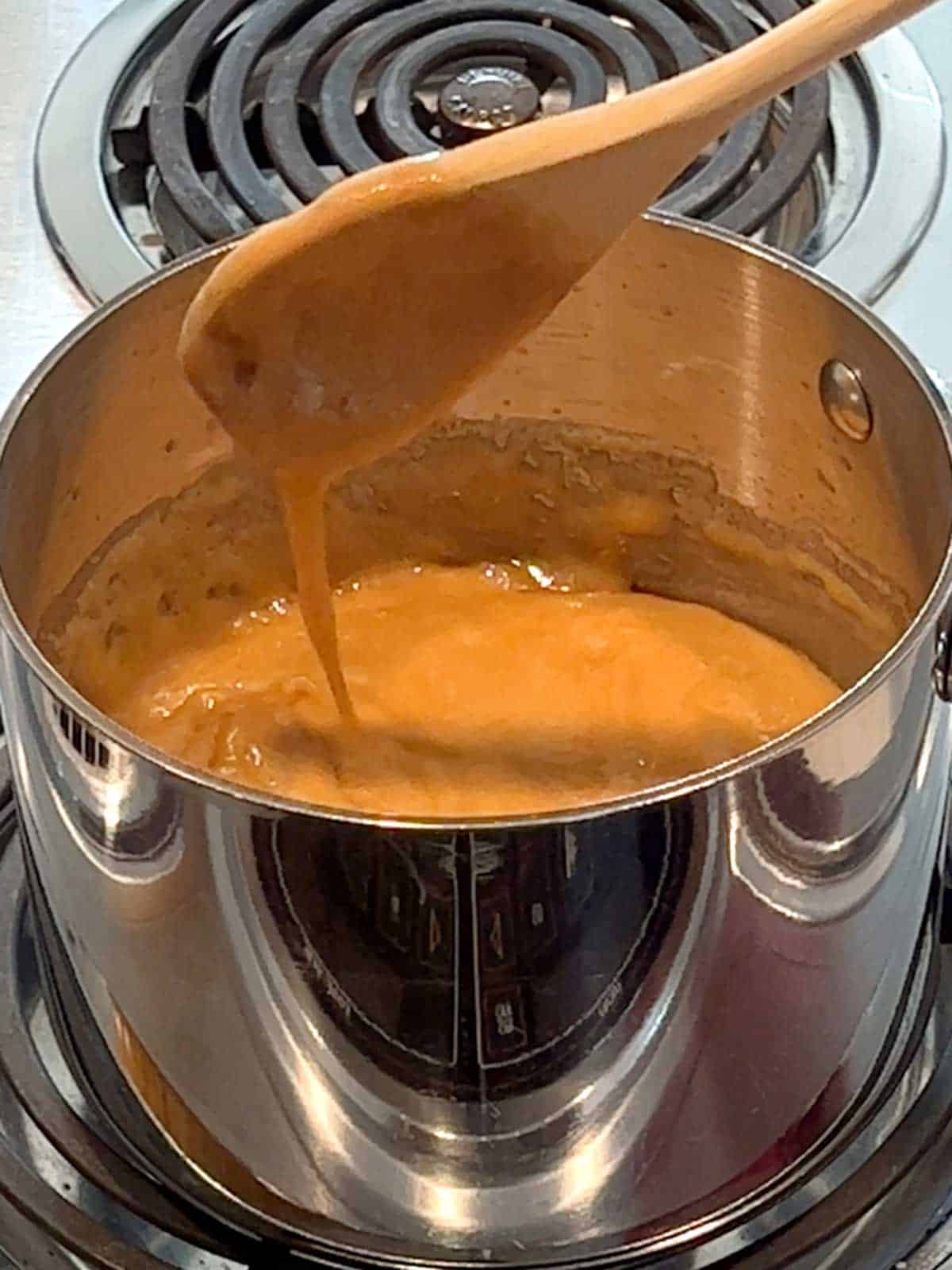 Caramel in saucepan ready for pouring.
