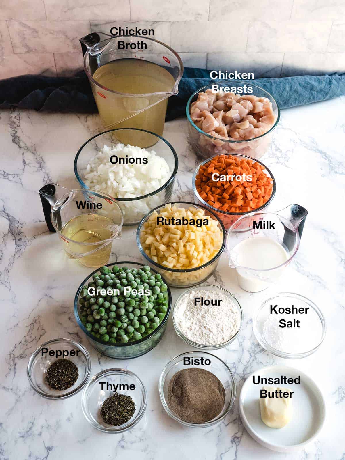 Ingredients used in making the chicken pot pie mixture.