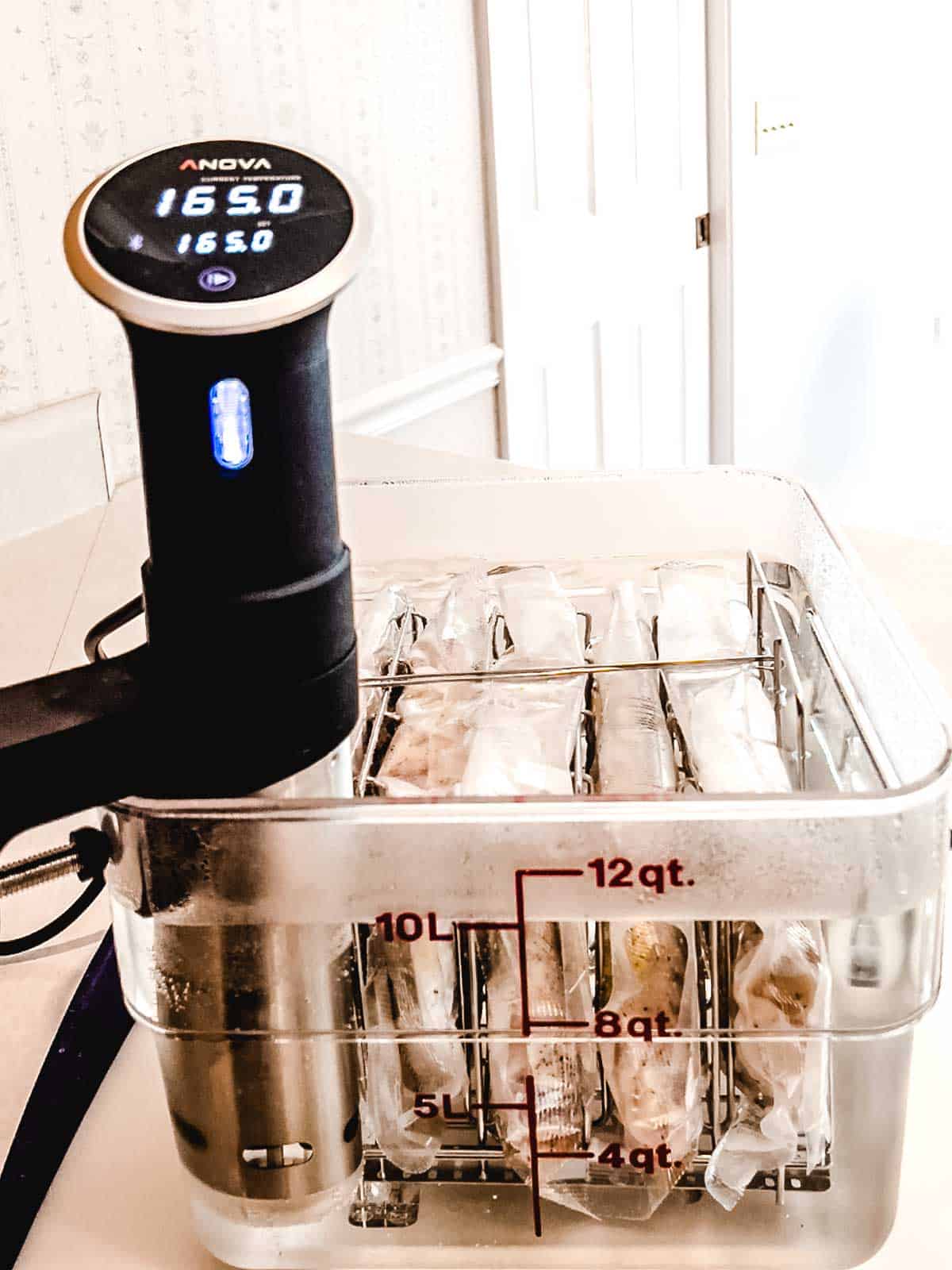 Chicken thighs in sous vide container.