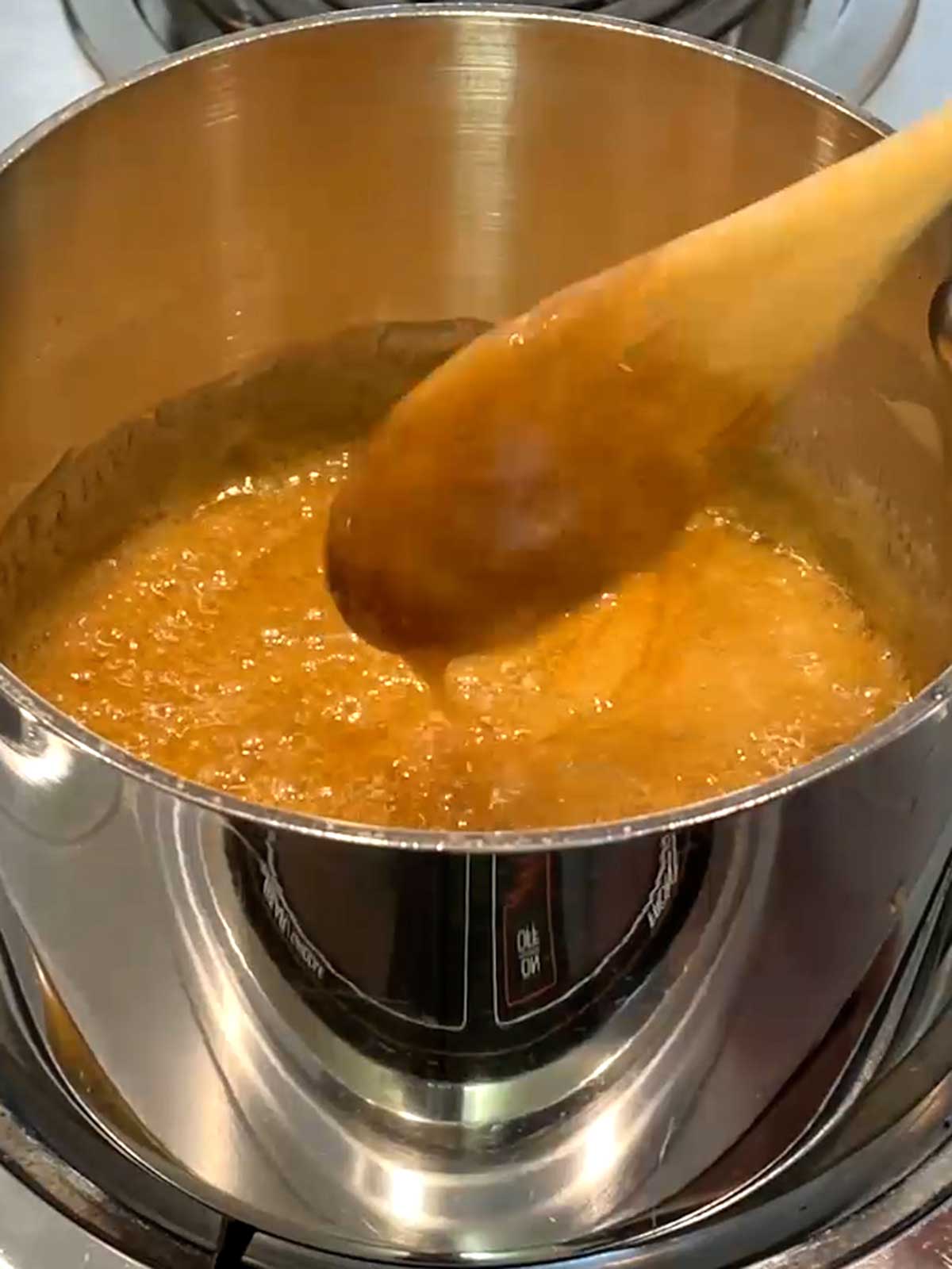 Caramel mixture after addition of baking soda and vanilla extract.