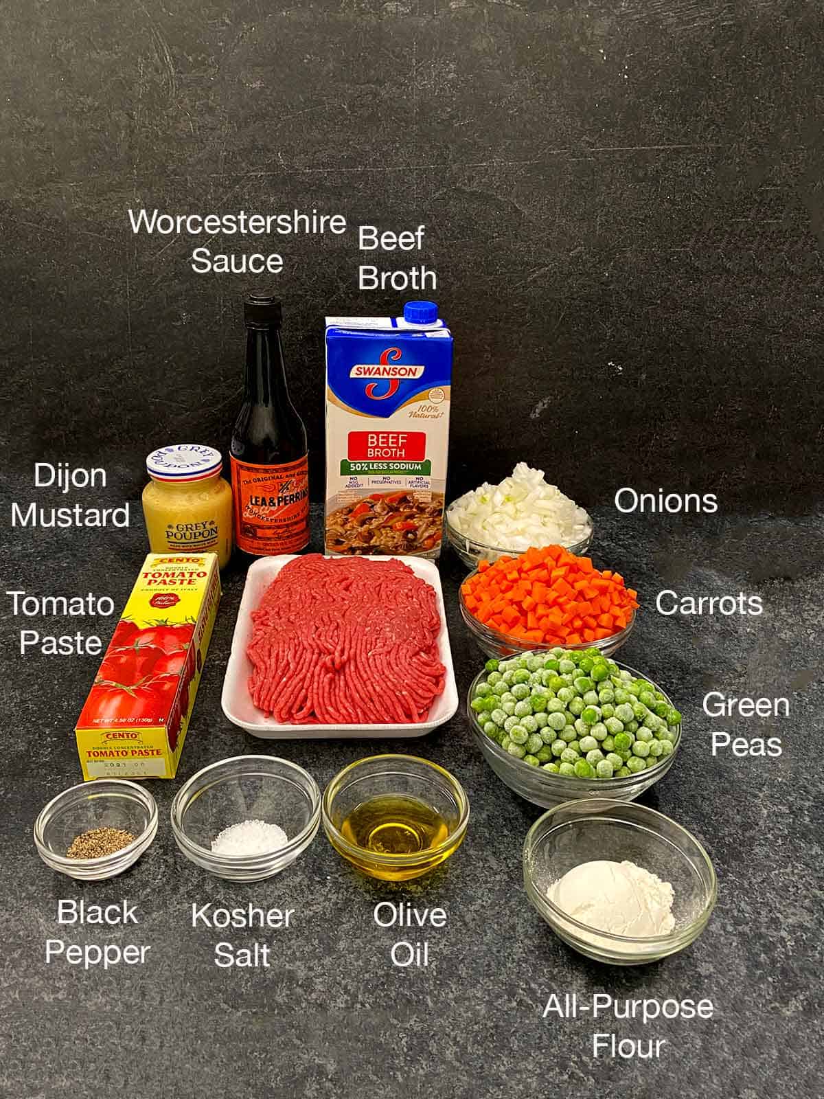Ingredients for cottage pie meat mixture.