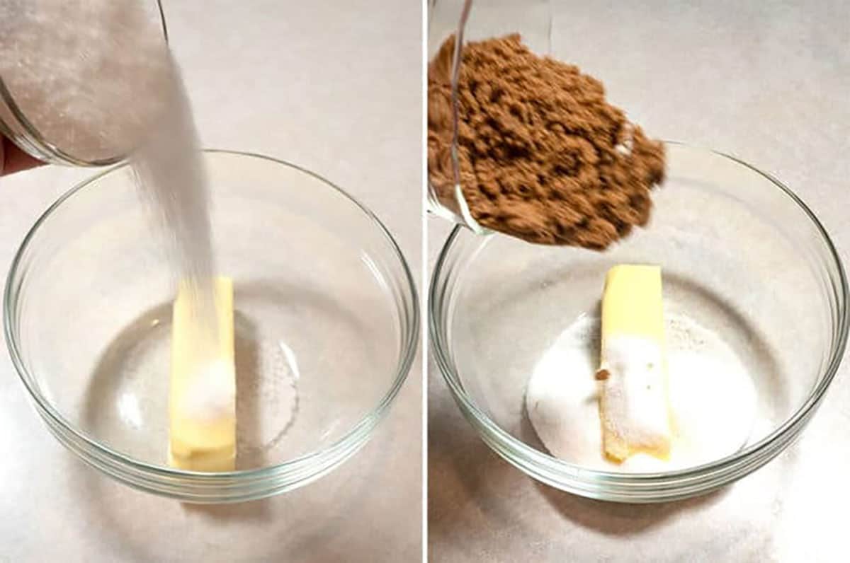 Adding sugars to the butter in a bowl.