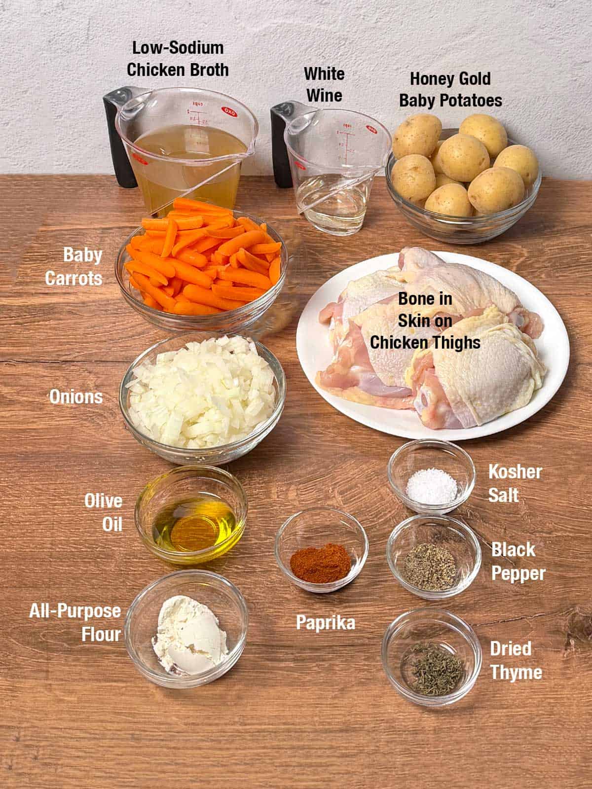Ingredients for braised chicken and vegetables.