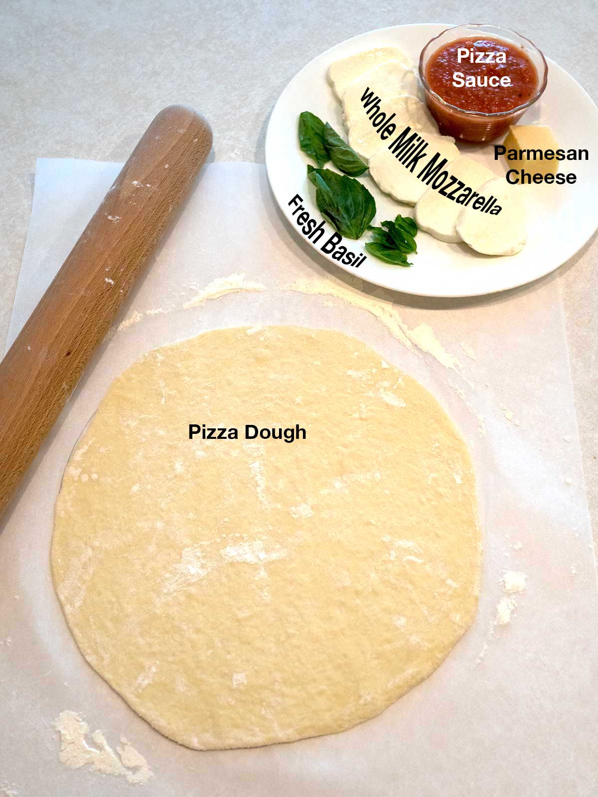 Ingredients for pizza margherita.