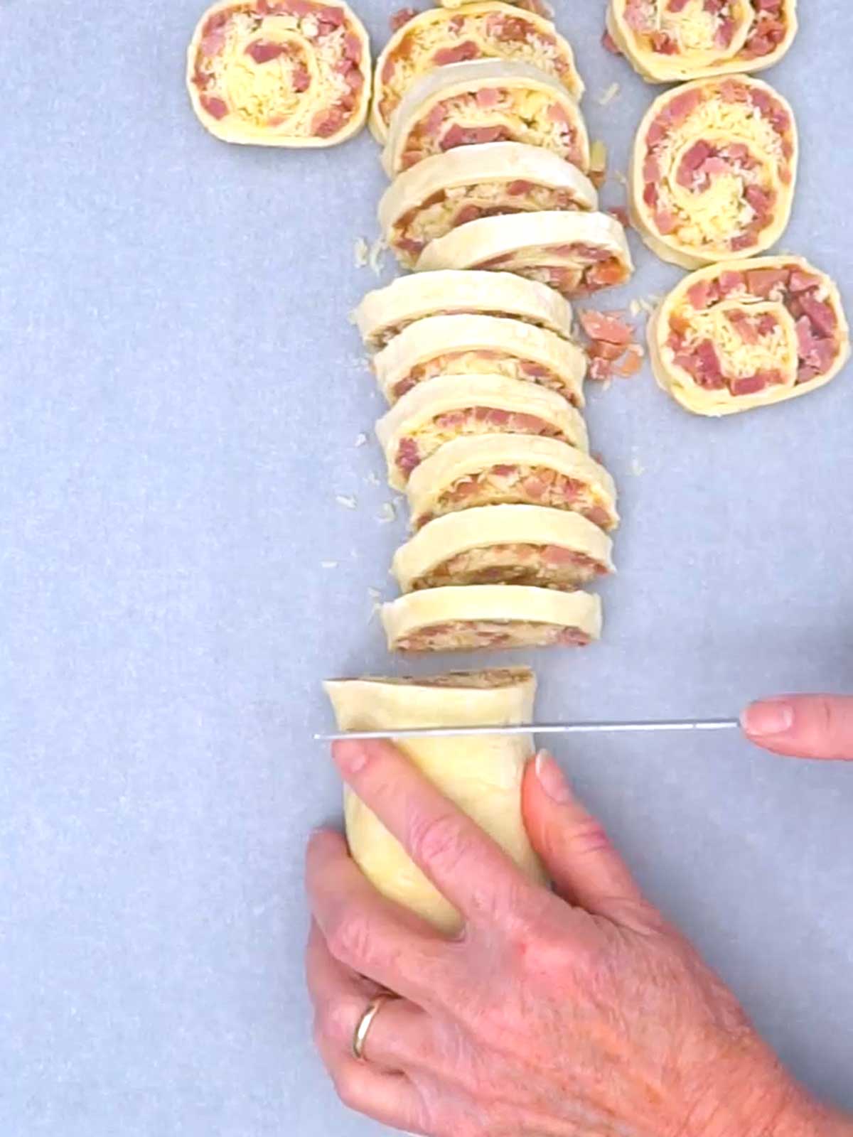 Ham and cheese pinwheels cut into half-inch slices.