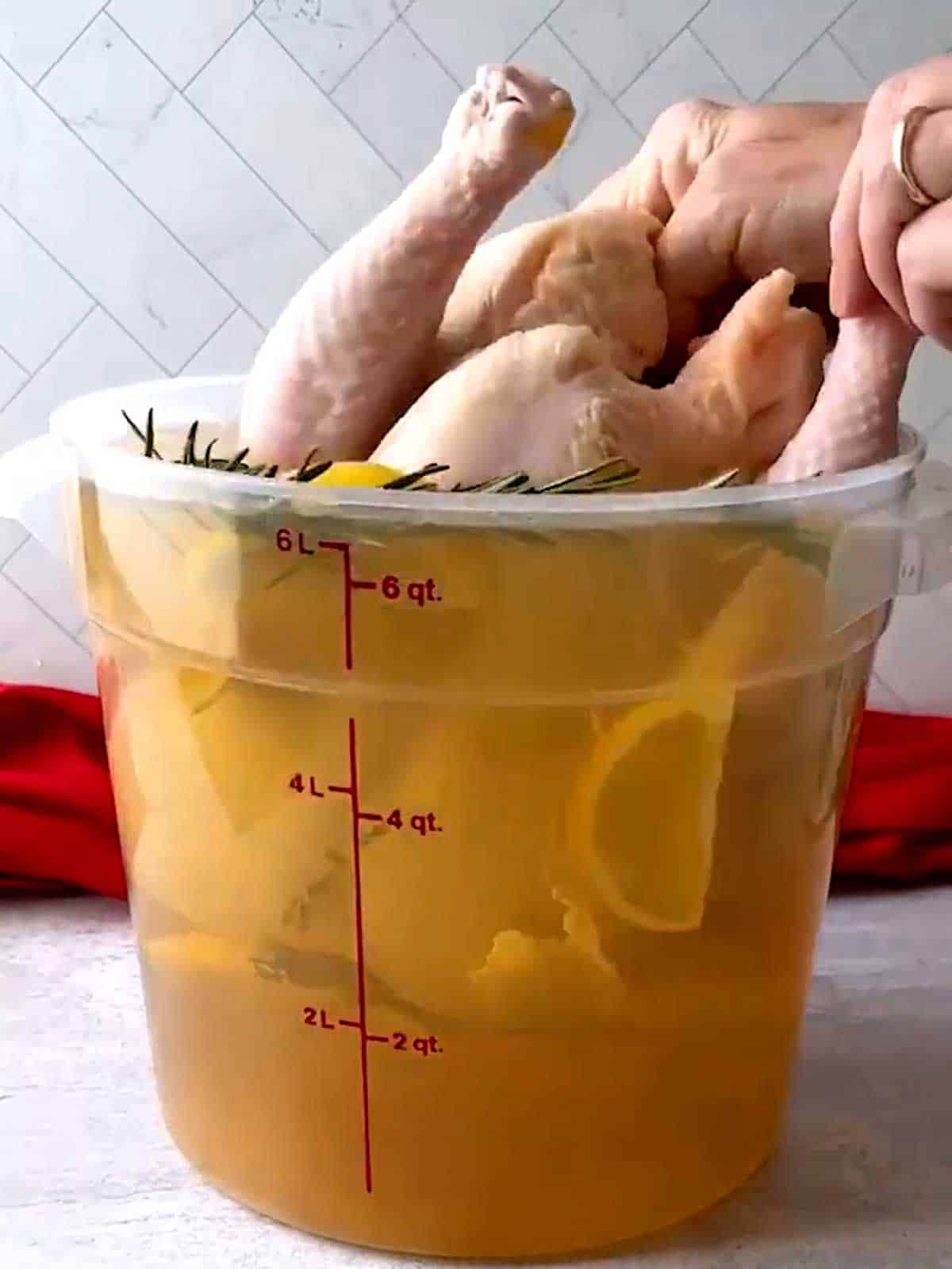 Placing the chicken in the brine.